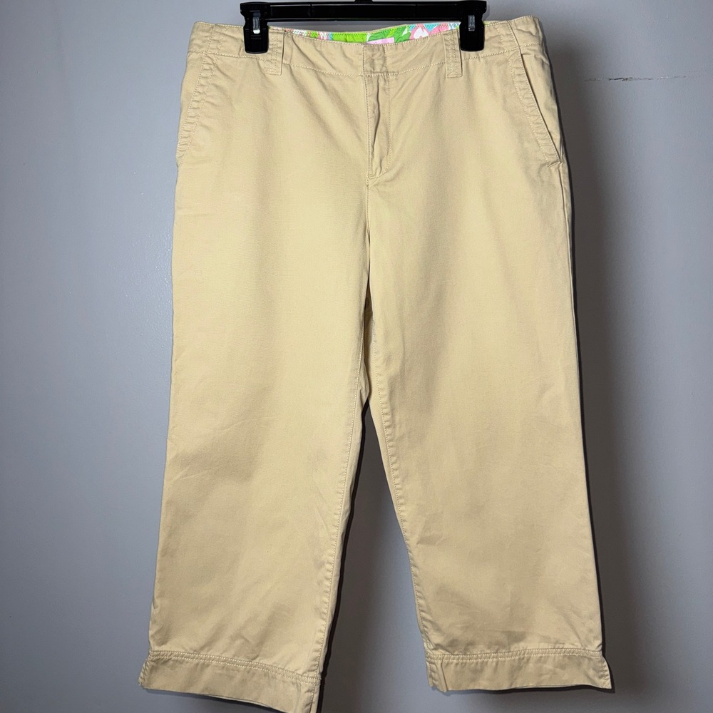 Lilly Pulitzer Khaki Crop Pants Tan Chino Floral Waistband Sz 12 Office Uniform